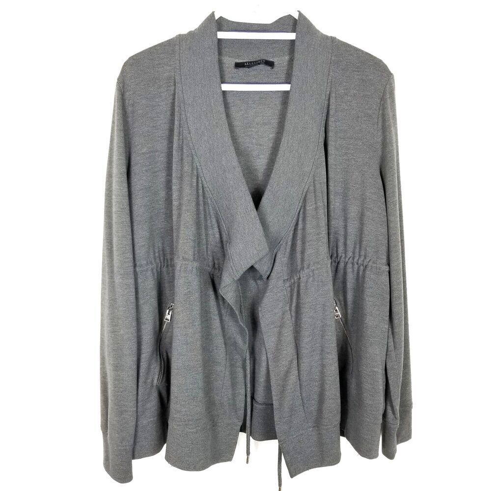 All Saints Womens Gina Drape Jacket Sz 8 Grey Marl Soft Jersey Designer Open